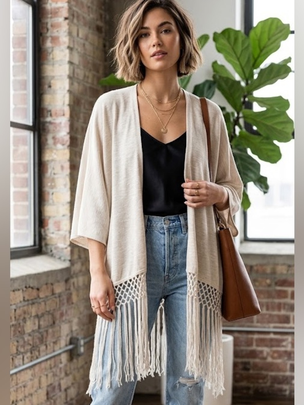 Olivia Moon Cream Crochet Fringe Open-Front Kimono